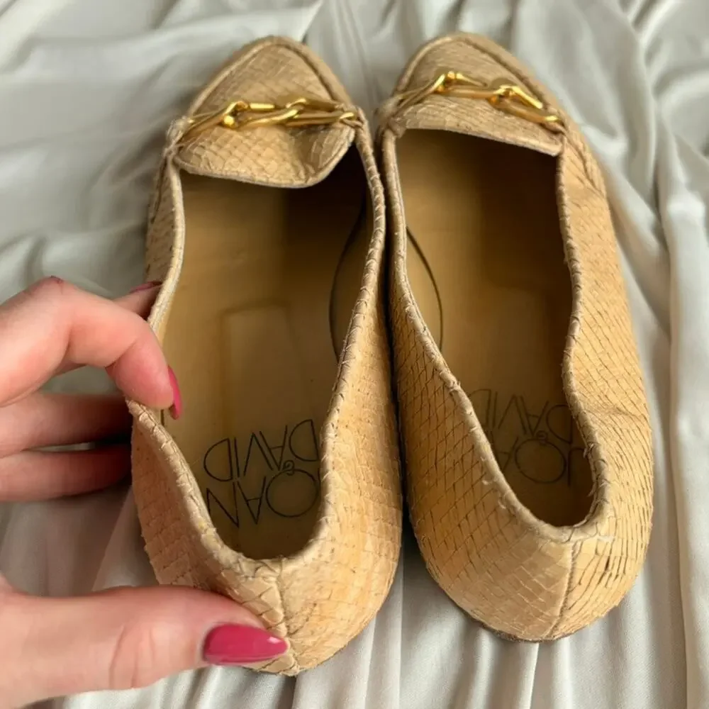 Joan & David Reptile Skin Loafers - Tan Beige, Gold Chain Detail, Size 7.5